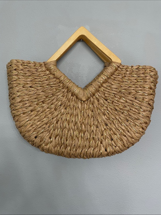 Handbags - Woven Straw Half-Moon Tote with Wooden Handles and Gold Thread - Natural
